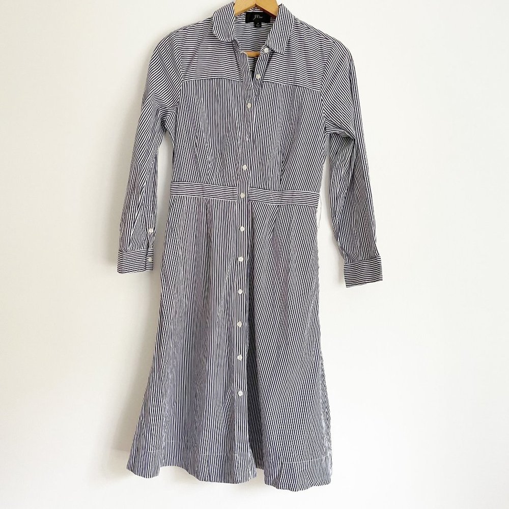 J. Crew Blue White Striped Long Sleeve Button Down A line Shirt Dress